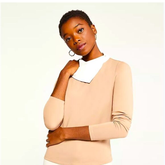 Ann Taylor Natural Teak Color Block Fold-Over Neck Sweater - Picture 1 of 4